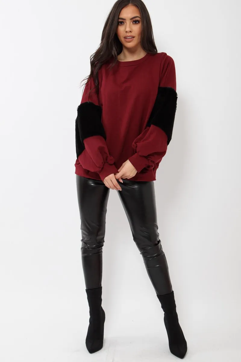 Wine Jumper with Fur Sleeves - Stephanie