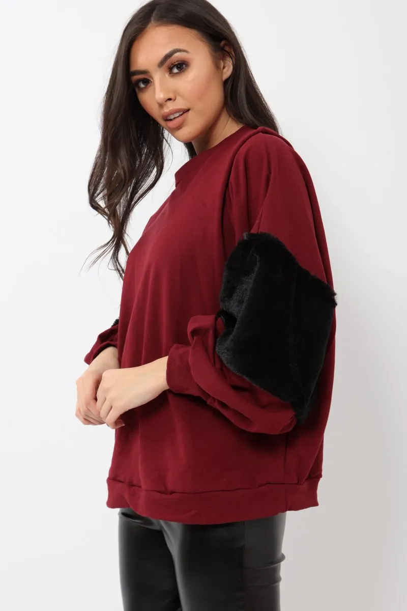 Wine Jumper with Fur Sleeves - Stephanie