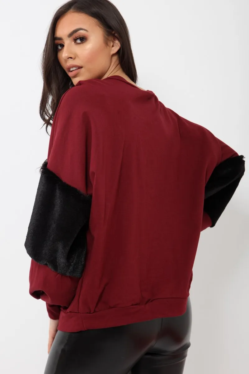 Wine Jumper with Fur Sleeves - Stephanie