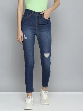 Women Blue Distressed Slit Jeans