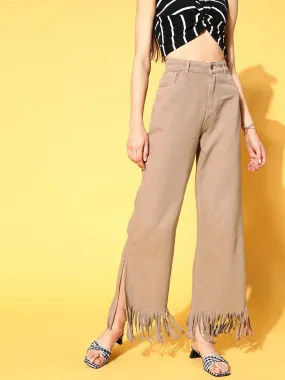 Women Taupe Fringed Bottom Jeans