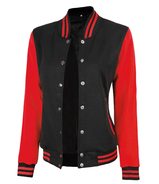 Women's Black and Red Varsity Jacket - Baseball Style