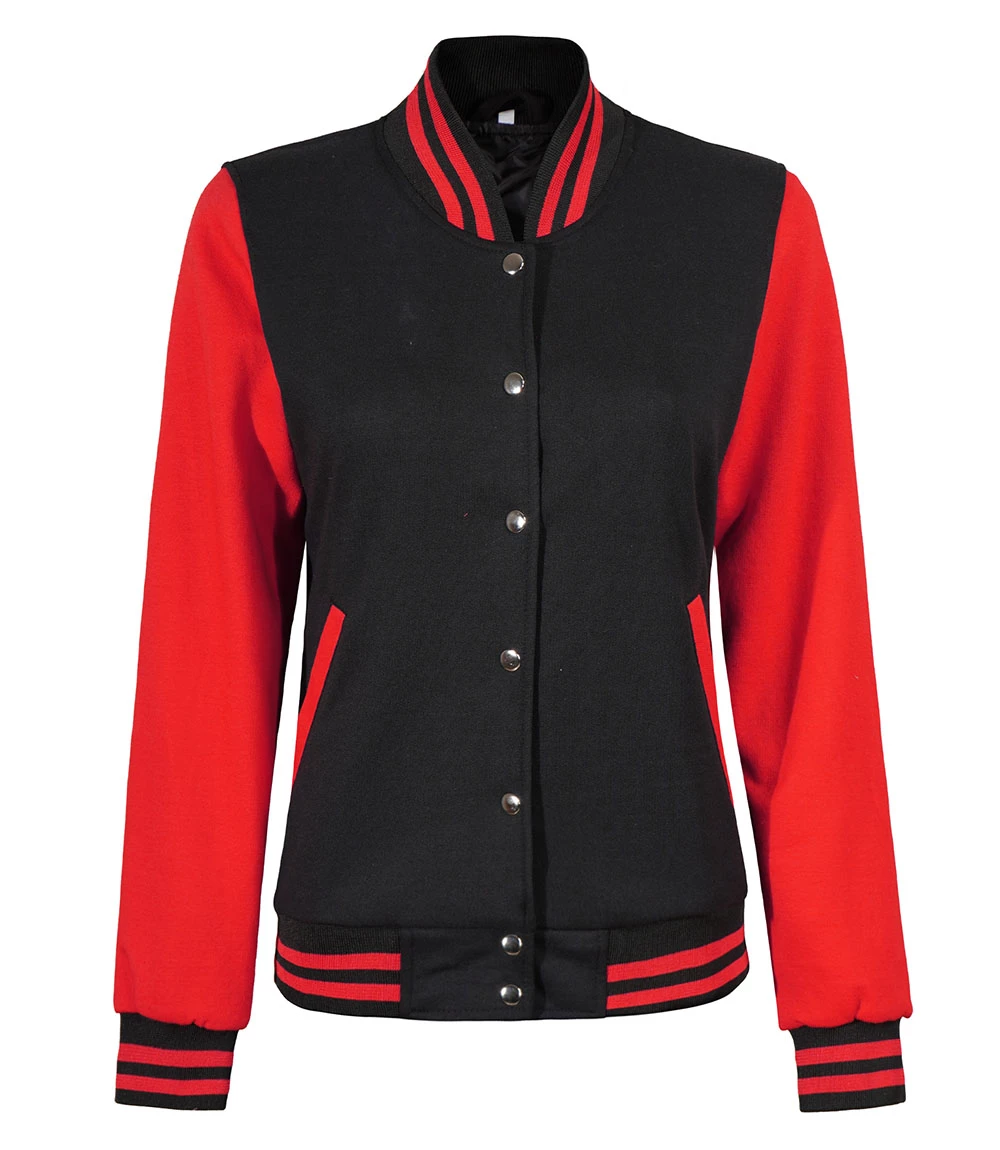 Women's Black and Red Varsity Jacket - Baseball Style