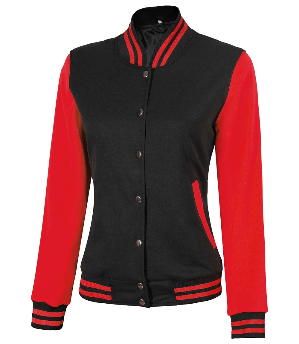 Women's Black and Red Varsity Jacket - Baseball Style