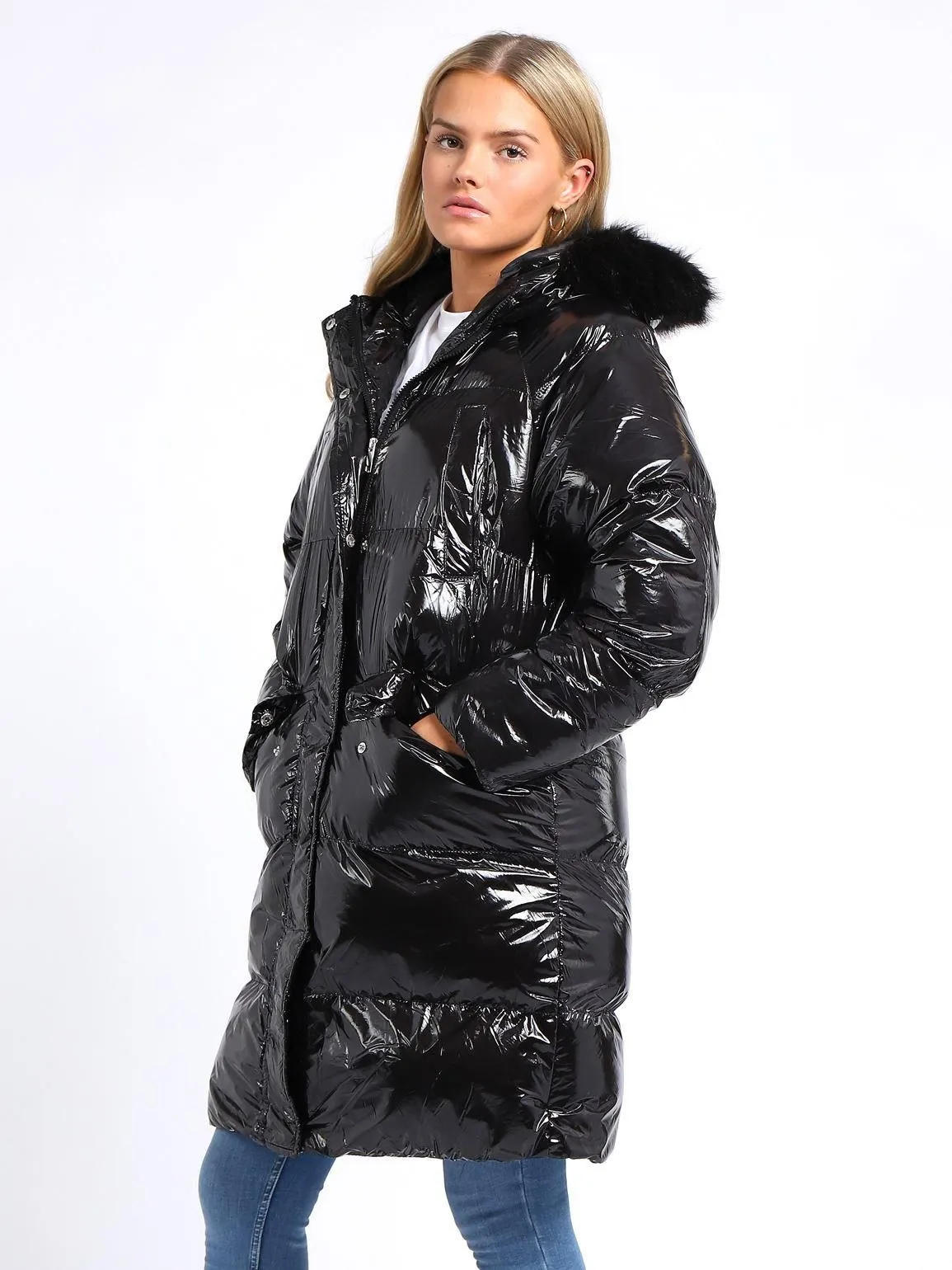 Womens High shine Wet Look Bubble Faux Fur Parka Coat, UK Sizes 8 to 16