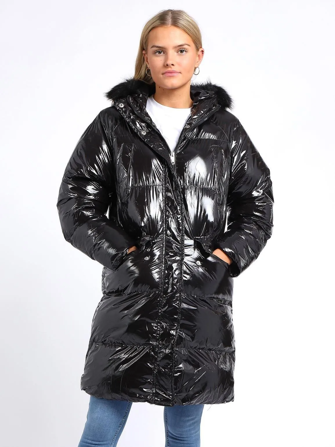 Womens High shine Wet Look Bubble Faux Fur Parka Coat, UK Sizes 8 to 16