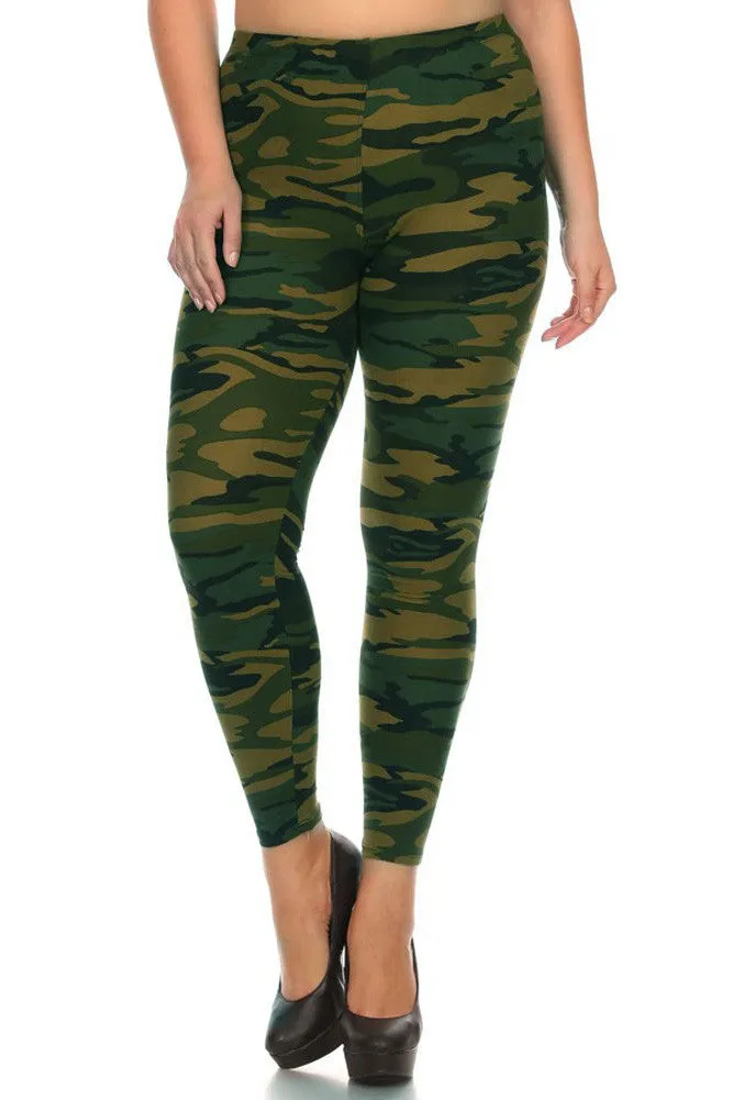 Women's Plus Dark Military Camouflage Pattern Print Leggings - Olive Green