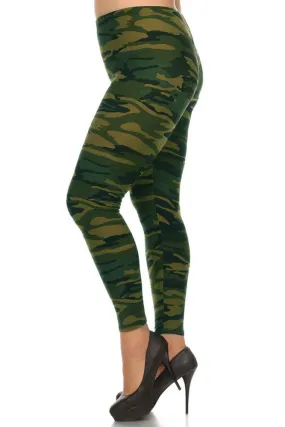 Women's Plus Dark Military Camouflage Pattern Print Leggings - Olive Green