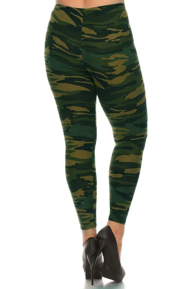 Women's Plus Dark Military Camouflage Pattern Print Leggings - Olive Green