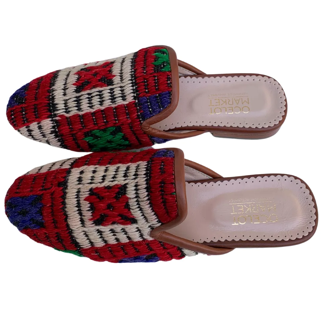 Women's Turkish Kilim Mules | Red & White