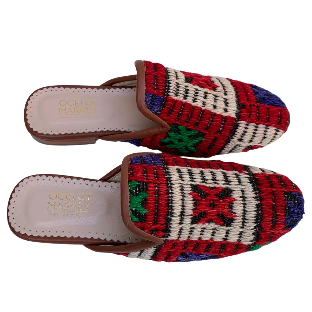 Women's Turkish Kilim Mules | Red & White