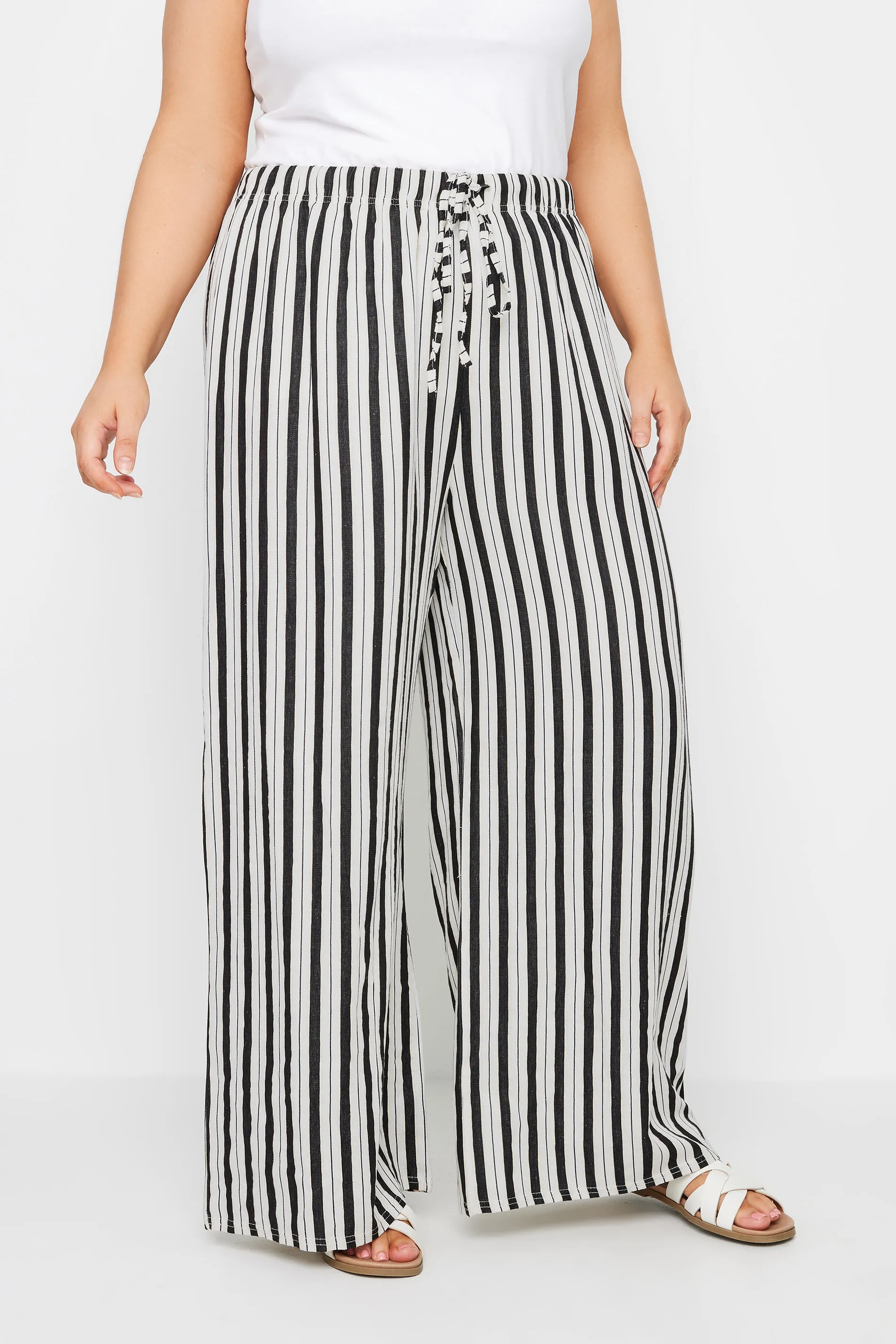 YOURS Curve White Stripe Wide Leg Linen Look Trousers